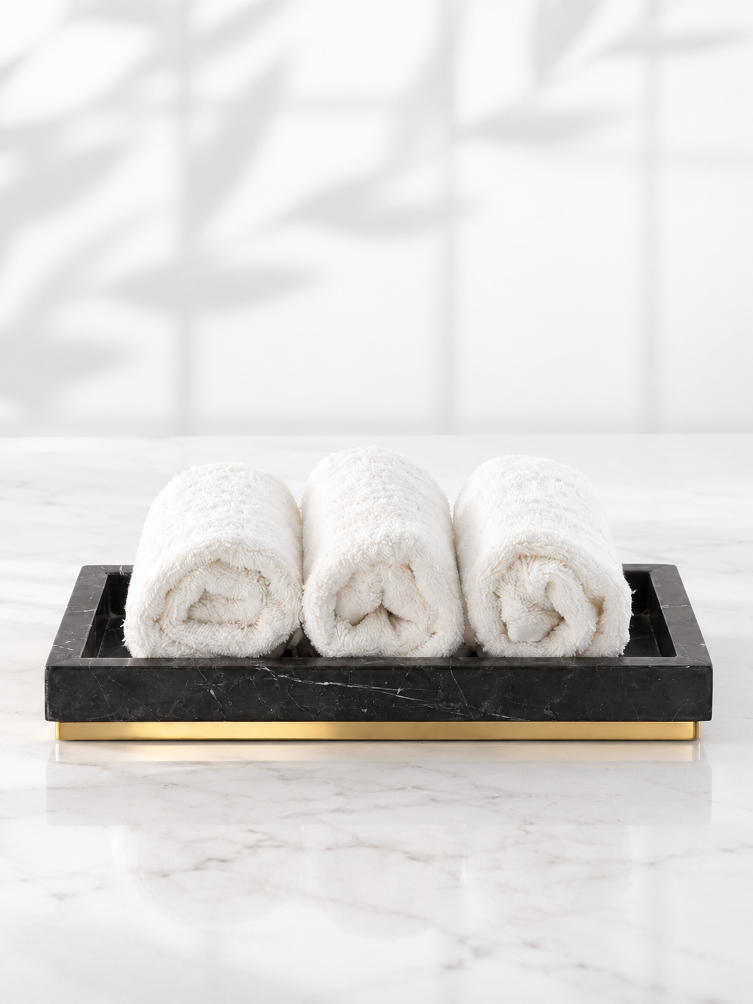 Spanish Black Marquina Marble Bath Tray with Gold Finish
