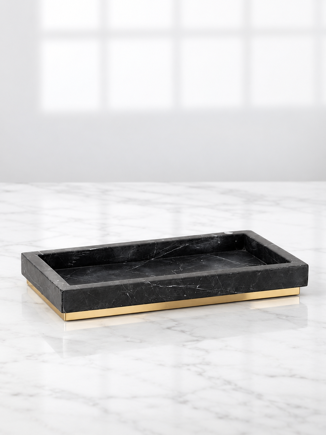Spanish Black Marquina Marble Bath Tray with Gold Finish