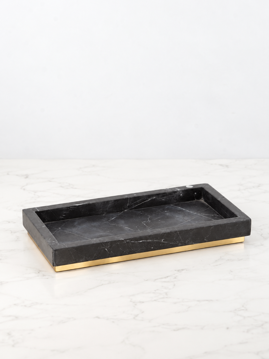 Spanish Black Marquina Marble Bath Tray with Gold Finish