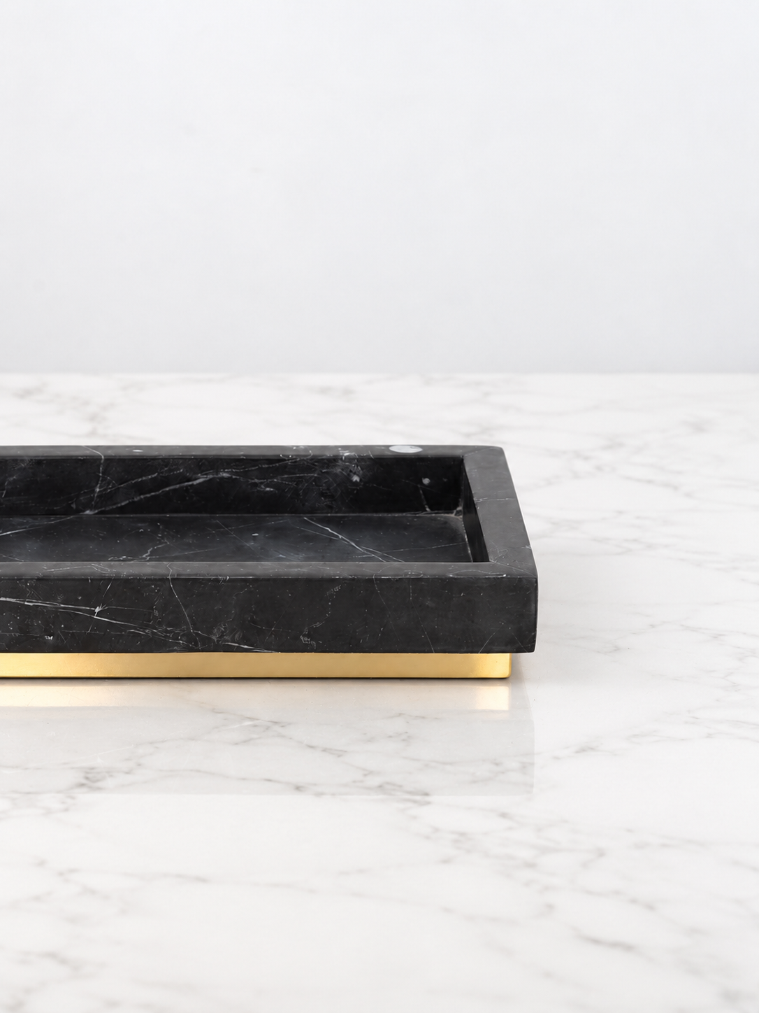 Spanish Black Marquina Marble Bath Tray with Gold Finish
