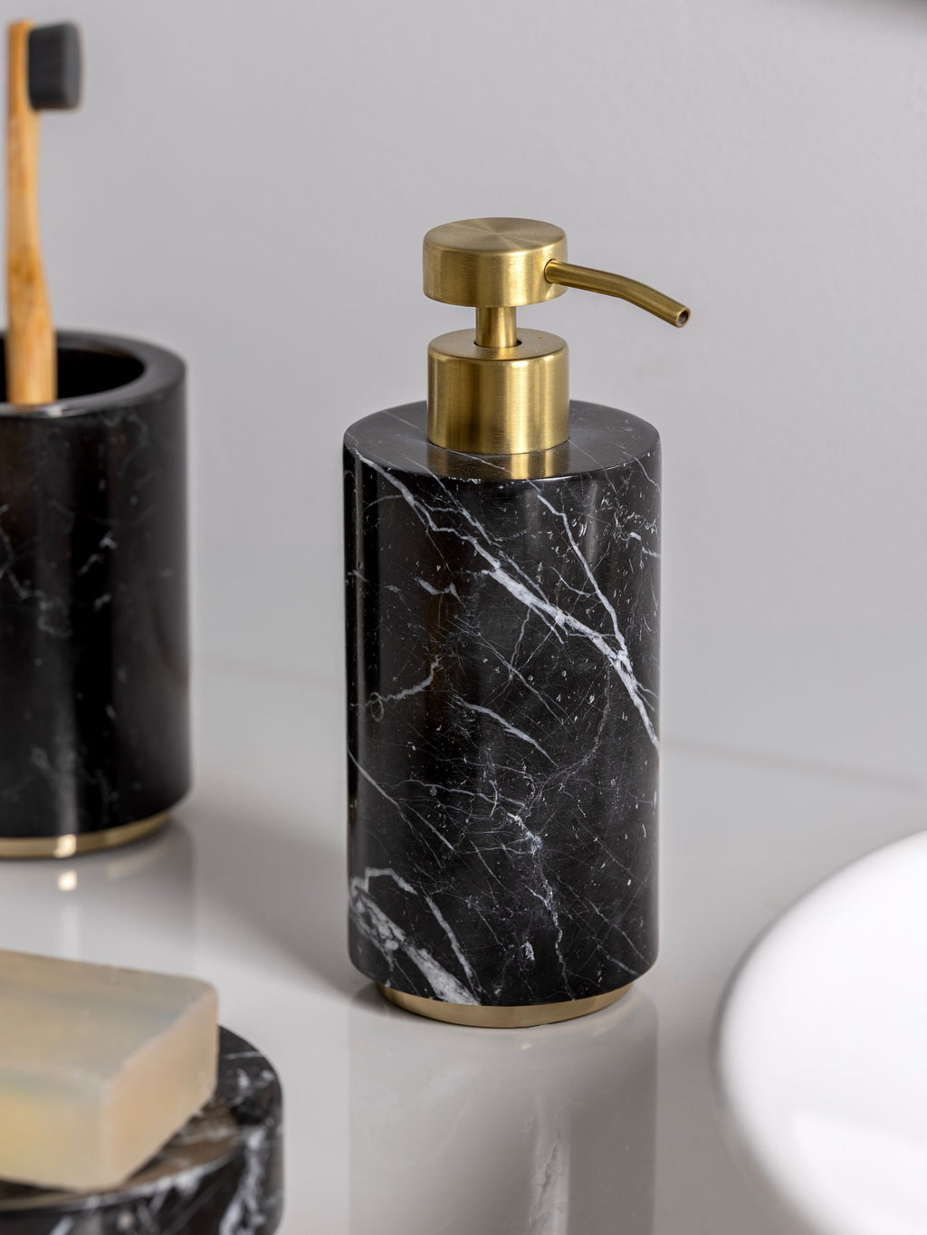 Black Marquina Marble Lotion and Soap Dispenser with Gold Finish