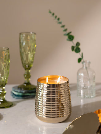 Gold Ribbed Metal Candle Vessel