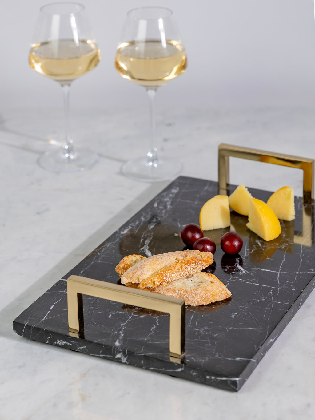 Black Marquina Marble Serving Tray with Gold Finish Handles